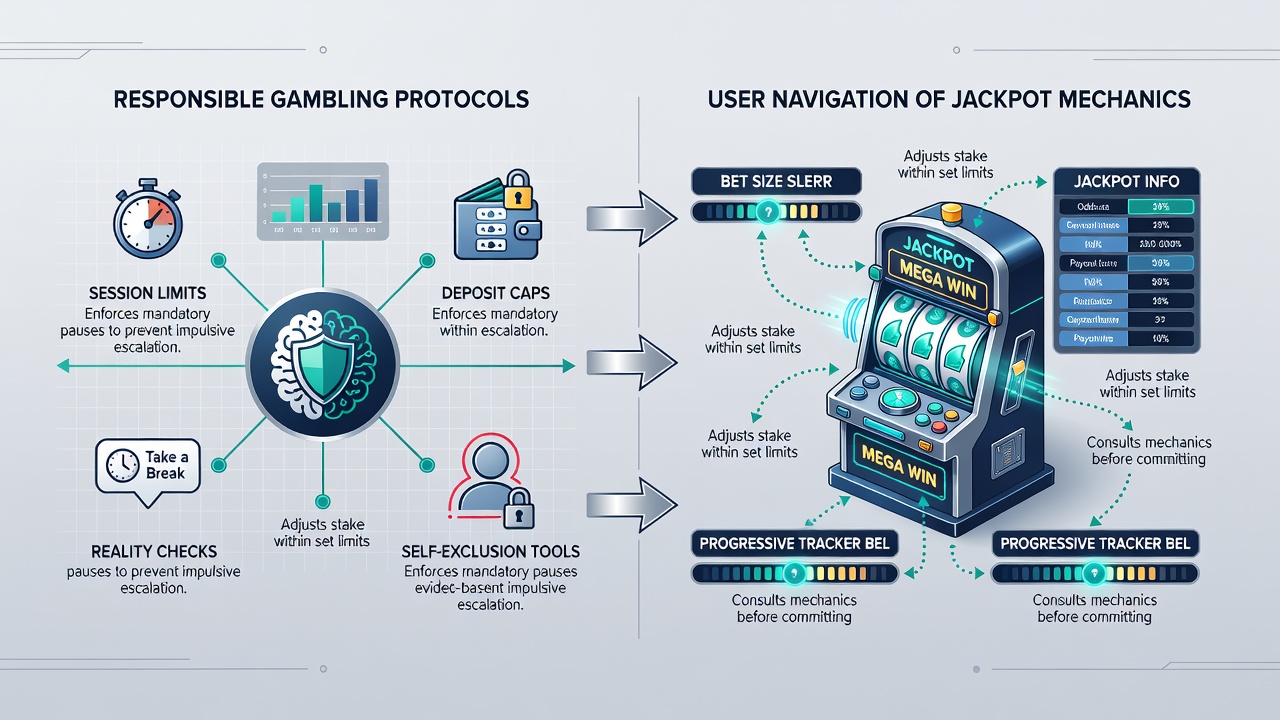 Grafik over brugerflow mellem ansvarlige værktøjer og jackpot-valg på smartphones